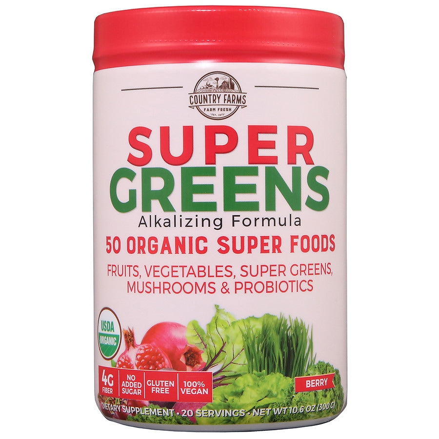 Country Farms Super Greens 50 Organic Super Foods Powder Berry  10.6 Oz