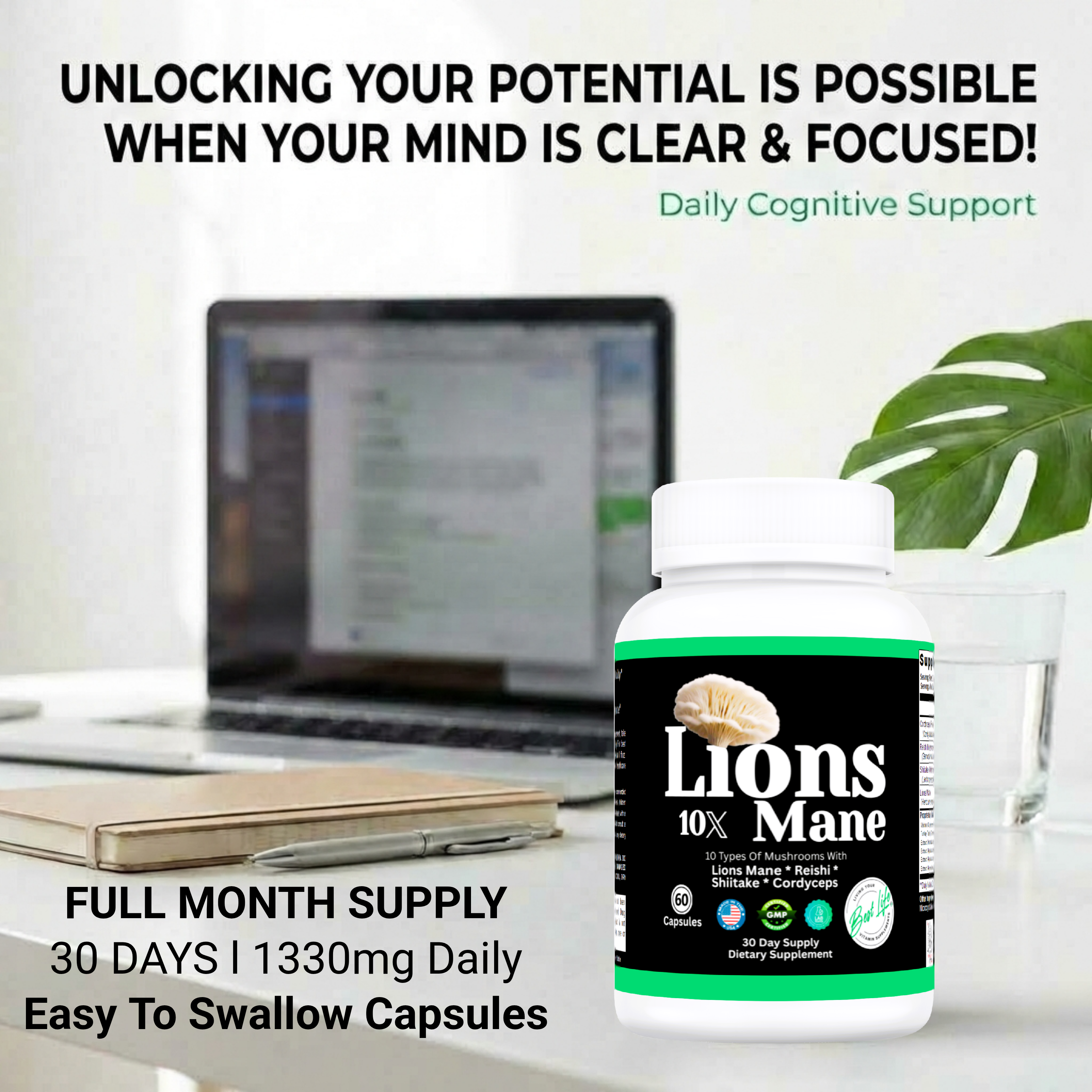 Lion's Mane Mushroom Supplement + Reishi Extract, Shiitake Extract Mushrooms, A Perfect Proprietary Blend